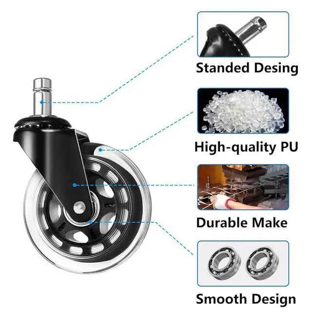 Alt view image 2 of 7 - Office Chair Wheels - Replacement Rubber Wheels - Universal Fit 3 Inch Casters, Heavy-Duty Chair Casters, Noise Free, Fits 98% Chair