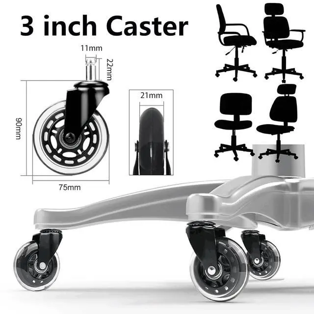 Alt view image 4 of 7 - Office Chair Wheels - Replacement Rubber Wheels - Universal Fit 3 Inch Casters, Heavy-Duty Chair Casters, Noise Free, Fits 98% Chair