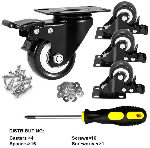Alt view image 2 of 7 - 2" Caster Wheels Set of 4, Heavy Duty Casters with Brake, No Noise Locking Polyurethane (PU) Wheels, Swivel Plate Castors Pack 4