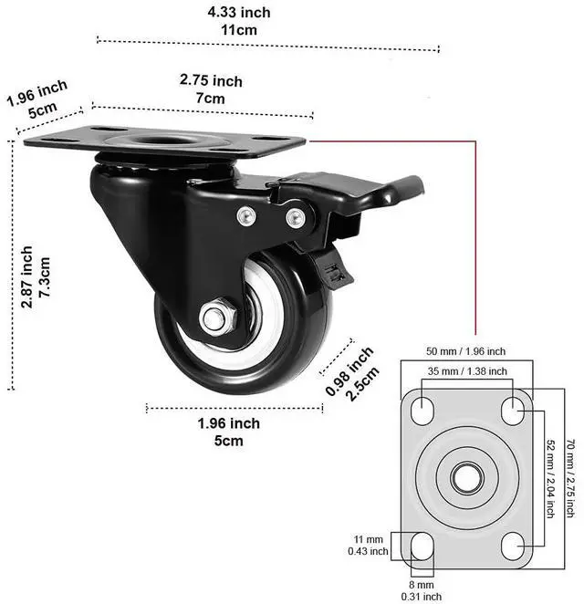 Alt view image 3 of 7 - 2" Caster Wheels Set of 4, Heavy Duty Casters with Brake, No Noise Locking Polyurethane (PU) Wheels, Swivel Plate Castors Pack 4