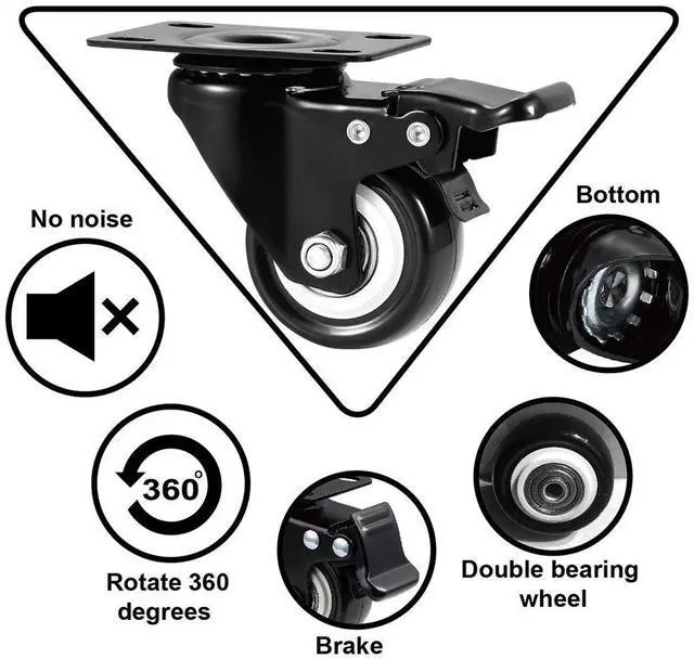 Alt view image 6 of 7 - 2" Caster Wheels Set of 4, Heavy Duty Casters with Brake, No Noise Locking Polyurethane (PU) Wheels, Swivel Plate Castors Pack 4