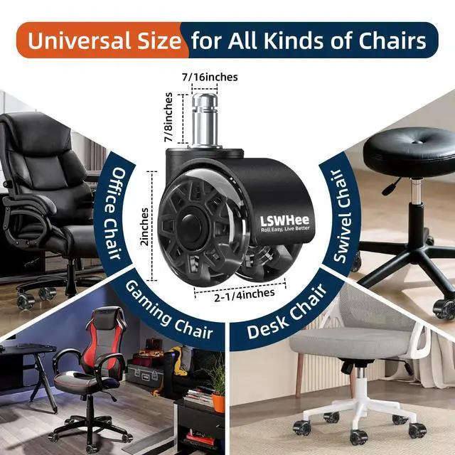 Alt view image 2 of 7 - 2'' Office Chair Wheels, Heavy Duty Desk Chair Caster Wheels Replacement, Mute Rubber Rotating Chair Wheels for Hardwood, Floors, Carpet, Universal Standard Stem Size Fit, Set of 5 (Black)