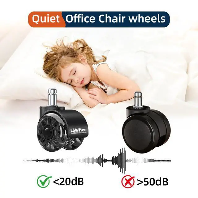 Alt view image 4 of 7 - 2'' Office Chair Wheels, Heavy Duty Desk Chair Caster Wheels Replacement, Mute Rubber Rotating Chair Wheels for Hardwood, Floors, Carpet, Universal Standard Stem Size Fit, Set of 5 (Black)