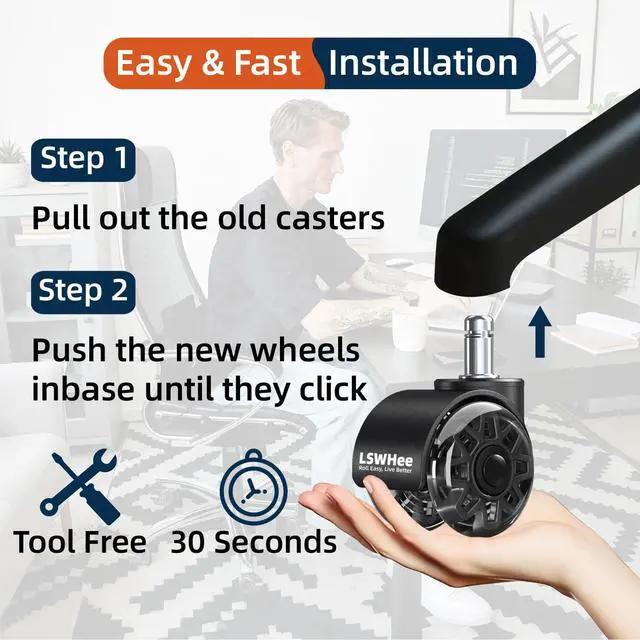 Alt view image 7 of 7 - 2'' Office Chair Wheels, Heavy Duty Desk Chair Caster Wheels Replacement, Mute Rubber Rotating Chair Wheels for Hardwood, Floors, Carpet, Universal Standard Stem Size Fit, Set of 5 (Black)