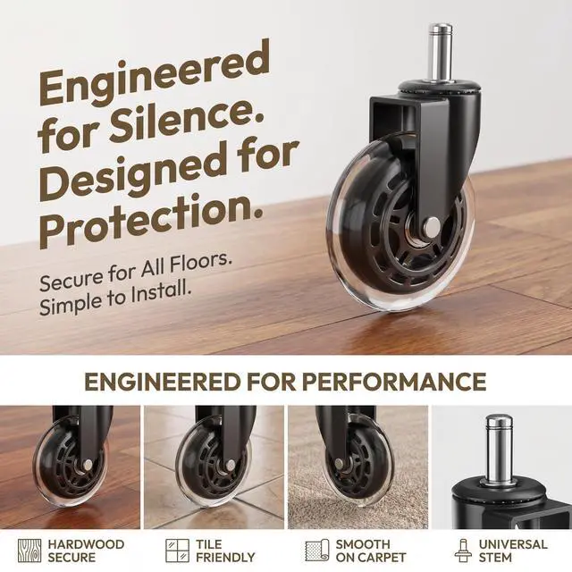 Alt view image 4 of 7 - Office Chair Wheels Replacement, Transparent 3 Inch Heavy-Duty Computer Gaming Desk Rubber Casters,Smooth & Silence Gliding for All Floors Including Hardwood Carpet, Set of 5