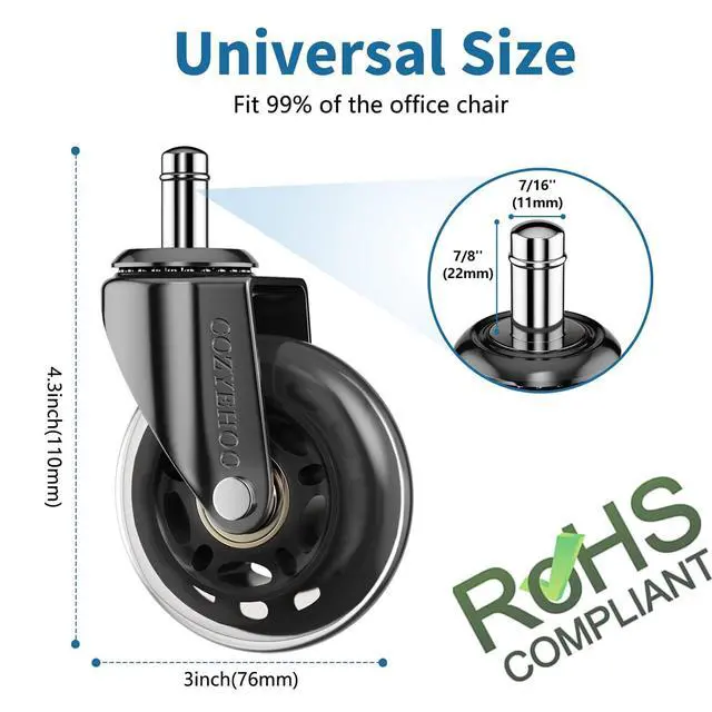 Alt view image 7 of 7 - Office Chair Wheels Replacement, Transparent 3 Inch Heavy-Duty Computer Gaming Desk Rubber Casters,Smooth & Silence Gliding for All Floors Including Hardwood Carpet, Set of 5