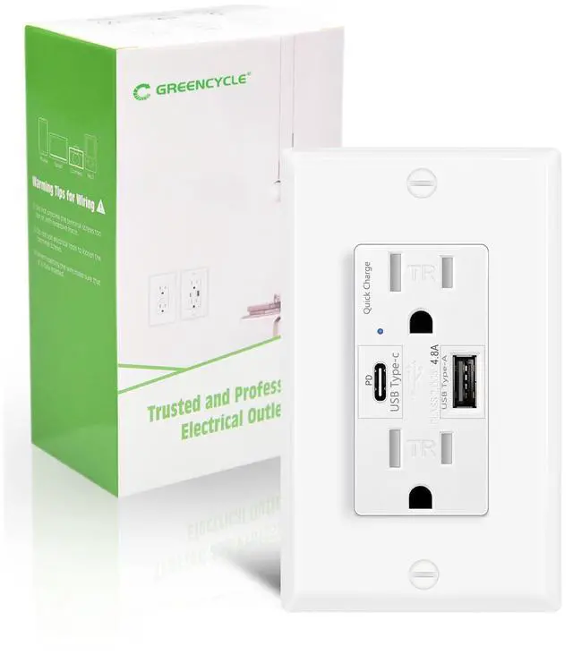 Main image of USB C Outlet PD 24W,1PK 15 Amp Wall Outlet with Fast Charge,Wall Mounted Outlet with 4.8A USB A/C Ports,Large Watt USB C Outlets,Wall Plate Included,Commercial Grade,UL Listed,White