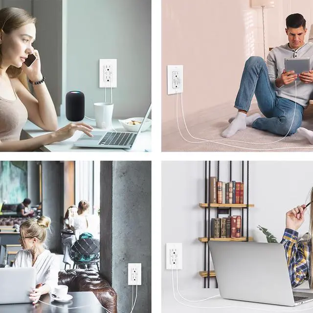 Alt view image 2 of 7 - USB C Outlet PD 24W,1PK 15 Amp Wall Outlet with Fast Charge,Wall Mounted Outlet with 4.8A USB A/C Ports,Large Watt USB C Outlets,Wall Plate Included,Commercial Grade,UL Listed,White