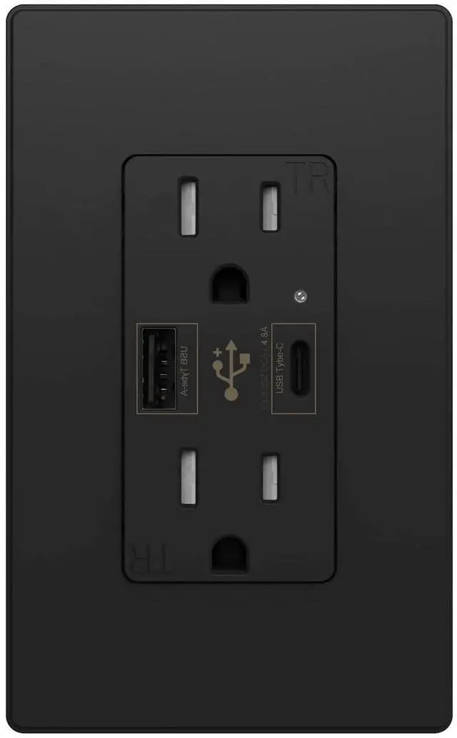 Main image of USB C Outlet PD 24W Power Delivery Type C + A Receptacle 4.8A, Receptacle 15 A 125 Volt Tamper-Resistant w/Screwless Wall Plate UL Listed (1Pack, Black, 15 Amp Outlet)