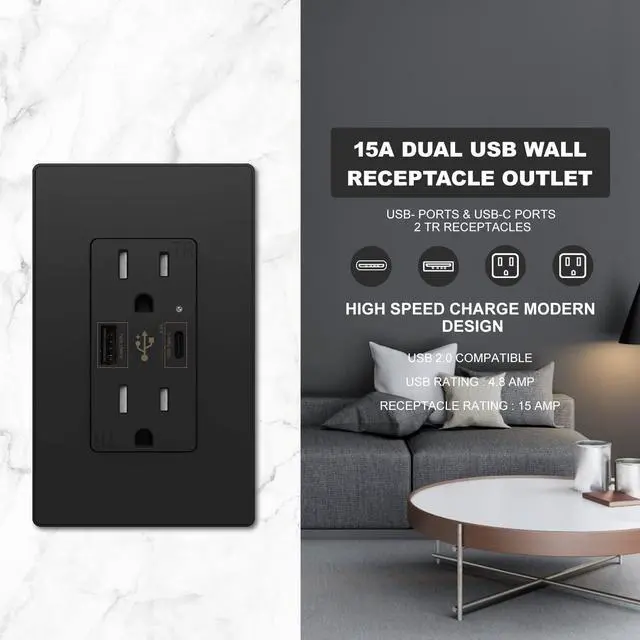 Alt view image 2 of 7 - USB C Outlet PD 24W Power Delivery Type C + A Receptacle 4.8A, Receptacle 15 A 125 Volt Tamper-Resistant w/Screwless Wall Plate UL Listed (1Pack, Black, 15 Amp Outlet)