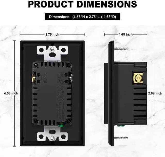 Alt view image 3 of 7 - USB C Outlet PD 24W Power Delivery Type C + A Receptacle 4.8A, Receptacle 15 A 125 Volt Tamper-Resistant w/Screwless Wall Plate UL Listed (1Pack, Black, 15 Amp Outlet)
