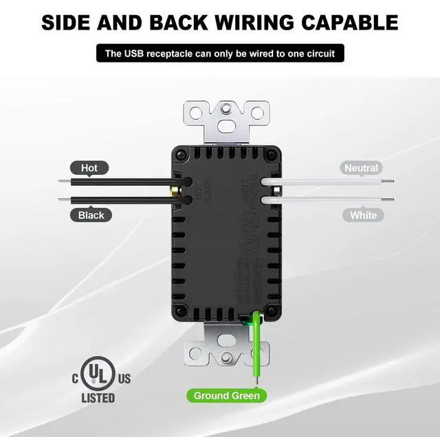 Alt view image 4 of 7 - USB C Outlet PD 24W Power Delivery Type C + A Receptacle 4.8A, Receptacle 15 A 125 Volt Tamper-Resistant w/Screwless Wall Plate UL Listed (1Pack, Black, 15 Amp Outlet)