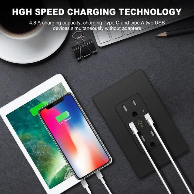 Alt view image 5 of 7 - USB C Outlet PD 24W Power Delivery Type C + A Receptacle 4.8A, Receptacle 15 A 125 Volt Tamper-Resistant w/Screwless Wall Plate UL Listed (1Pack, Black, 15 Amp Outlet)