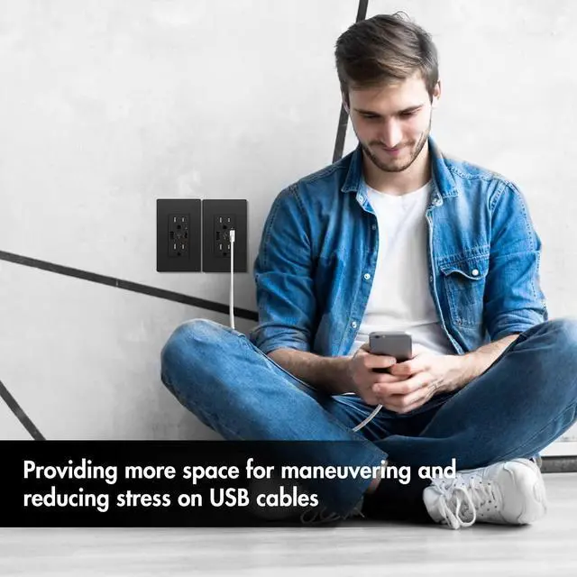 Alt view image 7 of 7 - USB C Outlet PD 24W Power Delivery Type C + A Receptacle 4.8A, Receptacle 15 A 125 Volt Tamper-Resistant w/Screwless Wall Plate UL Listed (1Pack, Black, 15 Amp Outlet)