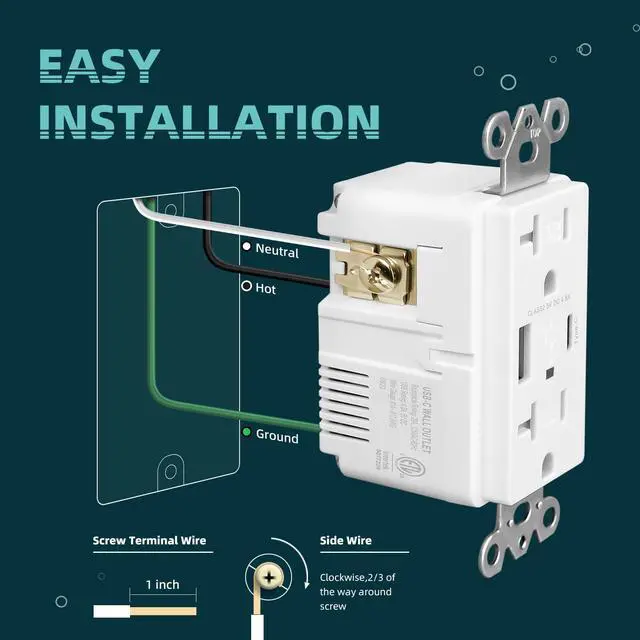 Alt view image 6 of 7 - USB Receptacle Outlet, 4.8A High Speed USB C/A Wall Charger Ports Outlets, 20 Amp Tamper-Resistant Receptacle Wall Socket, Screwless Wall Plate Included, ETL Listed, White
