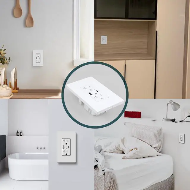 Alt view image 7 of 7 - USB Receptacle Outlet, 4.8A High Speed USB C/A Wall Charger Ports Outlets, 20 Amp Tamper-Resistant Receptacle Wall Socket, Screwless Wall Plate Included, ETL Listed, White