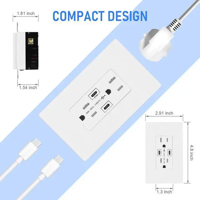 Alt view image 6 of 6 - 30W PD3.0 USB Wall Outlet, 15 Amp Tamper-Resistant Receptacle with USB Type C & Type A Ports, USB Charger for iPhone/iPad/Samsung/LG/MacBook air, UL Listed