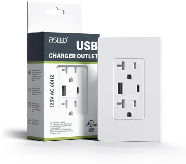 Main image of USB Outlet, 20 Amp Wall Outlet with Type A & Type C Ports, Charging Power Outlet with USB Ports, Tamper Resistant Receptacle, Wall Plate Included, UL Listed, White, 1 Pack