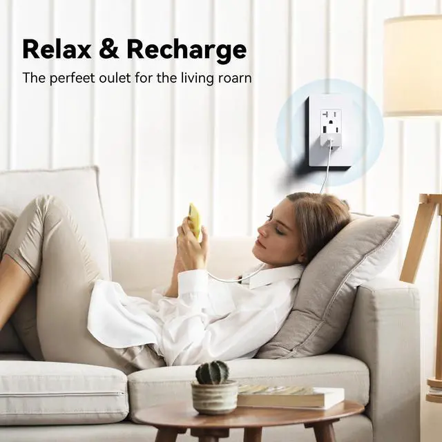 Alt view image 5 of 7 - USB Outlet, 20 Amp Wall Outlet with Type A & Type C Ports, Charging Power Outlet with USB Ports, Tamper Resistant Receptacle, Wall Plate Included, UL Listed, White, 1 Pack