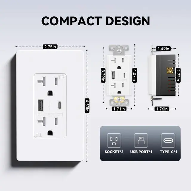 Alt view image 6 of 7 - USB Outlet, 20 Amp Wall Outlet with Type A & Type C Ports, Charging Power Outlet with USB Ports, Tamper Resistant Receptacle, Wall Plate Included, UL Listed, White, 1 Pack