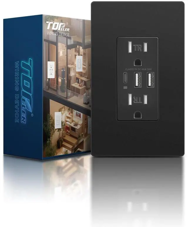 Main image of Black USB C Wall Outlet, 30W 6.0Amp High Charging Electrical Outlet with 3 USB Port (1*Type C & 2*Type A), 15A Tamper-Resistant Receptacle, Screwless Wall Plate Include, UL & FCC Listed