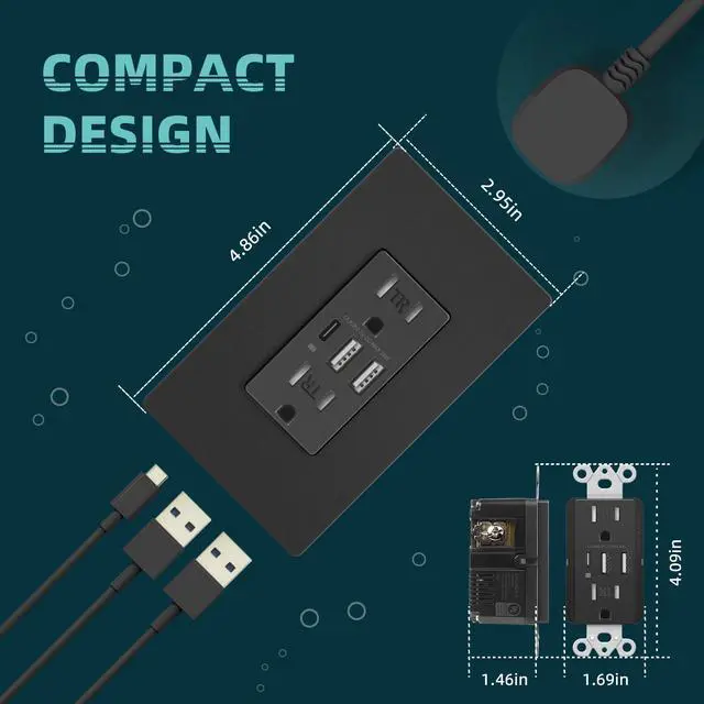 Alt view image 5 of 7 - Black USB C Wall Outlet, 30W 6.0Amp High Charging Electrical Outlet with 3 USB Port (1*Type C & 2*Type A), 15A Tamper-Resistant Receptacle, Screwless Wall Plate Include, UL & FCC Listed