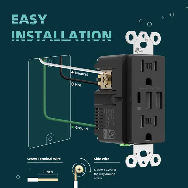 Alt view image 6 of 7 - Black USB C Wall Outlet, 30W 6.0Amp High Charging Electrical Outlet with 3 USB Port (1*Type C & 2*Type A), 15A Tamper-Resistant Receptacle, Screwless Wall Plate Include, UL & FCC Listed