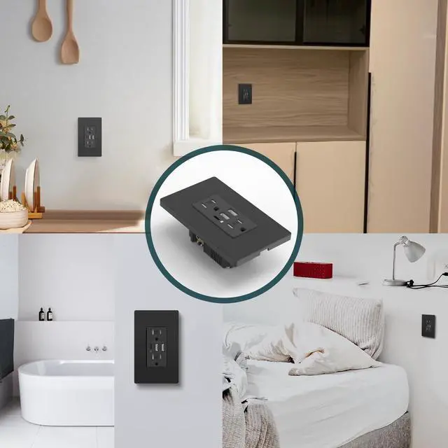 Alt view image 7 of 7 - Black USB C Wall Outlet, 30W 6.0Amp High Charging Electrical Outlet with 3 USB Port (1*Type C & 2*Type A), 15A Tamper-Resistant Receptacle, Screwless Wall Plate Include, UL & FCC Listed