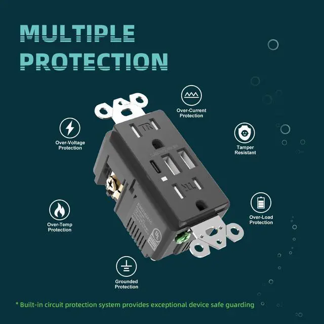 Alt view image 4 of 7 - Black USB C Wall Outlet, 30W 6.0Amp High Charging Electrical Outlet with 3 USB Port (1*Type C & 2*Type A), 15A Tamper-Resistant Receptacle, Screwless Wall Plate Include, UL & FCC Listed