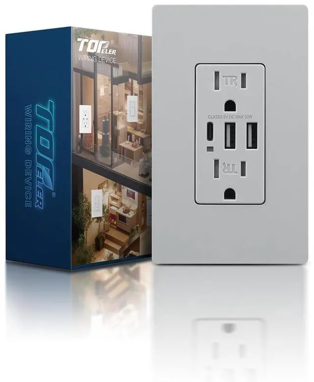 Main image of USB Outlet, 30W 6.0A USB Electrical Socket with Type A & C Port, Duplex 20 Amp Tamper-Resistant Power Outlets for Kitchen, Living Room, Screwless Wall Plate Included, UL Listed, Grey