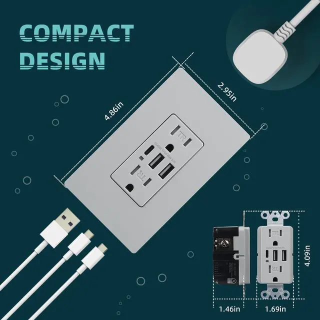 Alt view image 5 of 7 - USB Outlet, 30W 6.0A USB Electrical Socket with Type A & C Port, Duplex 20 Amp Tamper-Resistant Power Outlets for Kitchen, Living Room, Screwless Wall Plate Included, UL Listed, Grey
