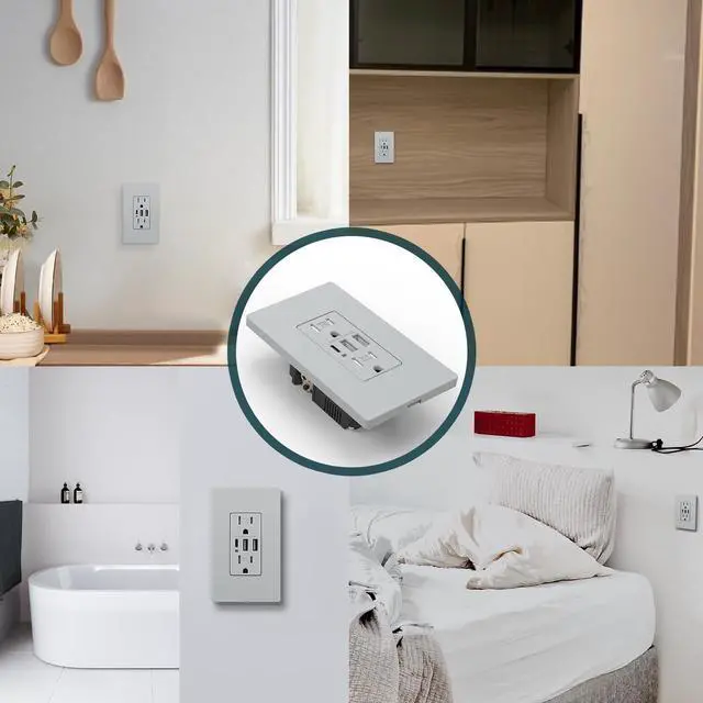 Alt view image 7 of 7 - USB Outlet, 30W 6.0A USB Electrical Socket with Type A & C Port, Duplex 20 Amp Tamper-Resistant Power Outlets for Kitchen, Living Room, Screwless Wall Plate Included, UL Listed, Grey