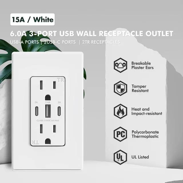 Alt view image 2 of 7 - USB C Wall Outlet, 30W 6.0 Amp 3-Port USB C Outlet 15A Tamper Resistant Receptacle with Dual Type C & A Ports, UL & FCC Listed, Wall Plate Included, Matte White 1Pack (1, 15A)