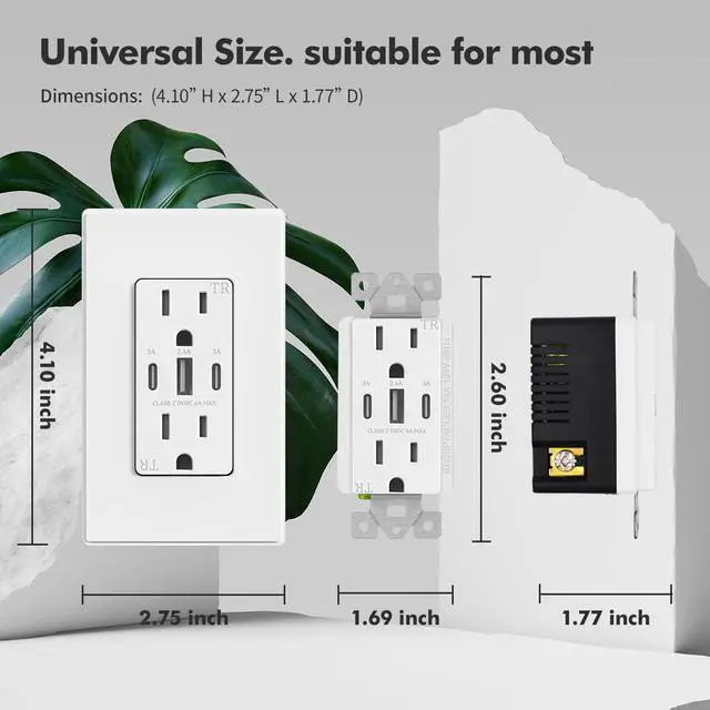 Alt view image 3 of 7 - USB C Wall Outlet, 30W 6.0 Amp 3-Port USB C Outlet 15A Tamper Resistant Receptacle with Dual Type C & A Ports, UL & FCC Listed, Wall Plate Included, Matte White 1Pack (1, 15A)