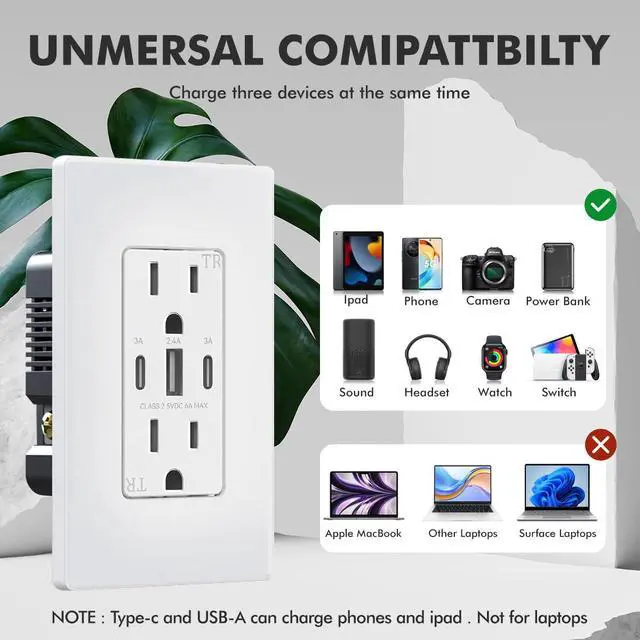 Alt view image 5 of 7 - USB C Wall Outlet, 30W 6.0 Amp 3-Port USB C Outlet 15A Tamper Resistant Receptacle with Dual Type C & A Ports, UL & FCC Listed, Wall Plate Included, Matte White 1Pack (1, 15A)