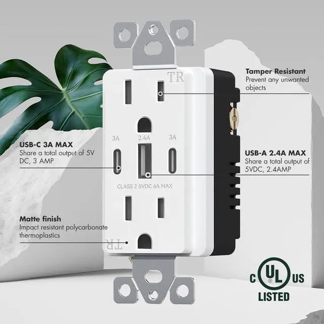 Alt view image 4 of 7 - USB C Wall Outlet, 30W 6.0 Amp 3-Port USB C Outlet 15A Tamper Resistant Receptacle with Dual Type C & A Ports, UL & FCC Listed, Wall Plate Included, Matte White 1Pack (1, 15A)