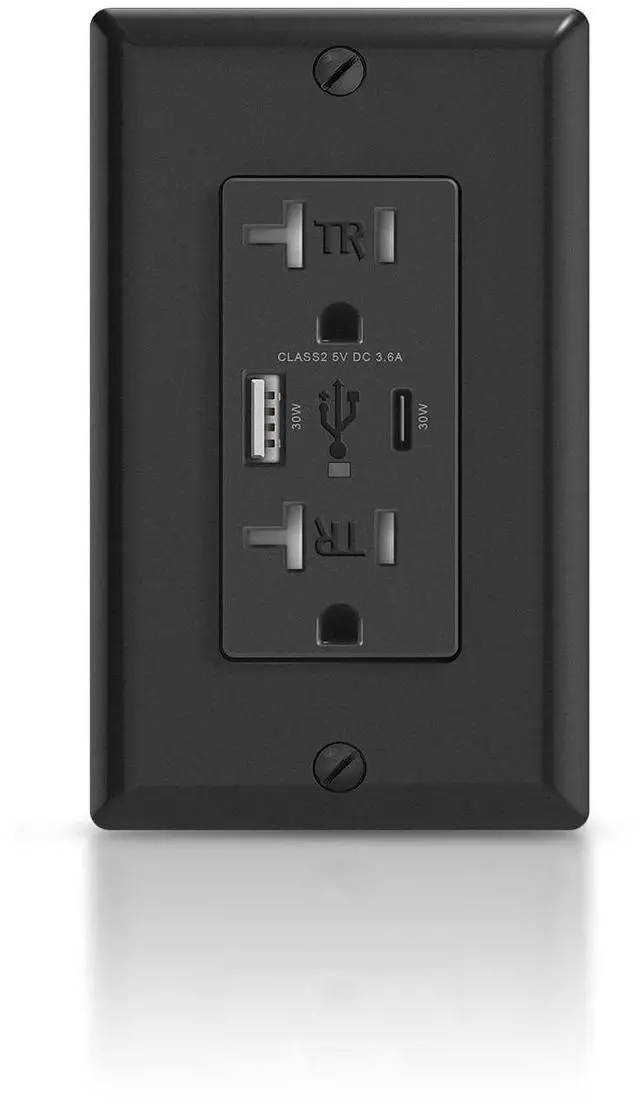 Main image of 30W USB C Wall Outlet, PD3.0 Power Delivery USB Outlets Receptacles, 20Amp Ultra Fast Speed Tamper Resistant USB Outlet, Wall Plate Included, FCC&UL Listed (Black, 1 Pack)