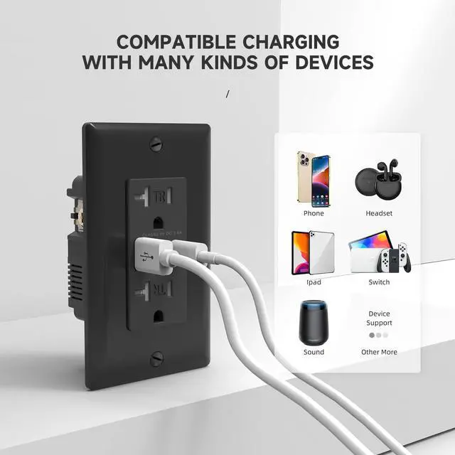 Alt view image 7 of 7 - 30W USB C Wall Outlet, PD3.0 Power Delivery USB Outlets Receptacles, 20Amp Ultra Fast Speed Tamper Resistant USB Outlet, Wall Plate Included, FCC&UL Listed (Black, 1 Pack)