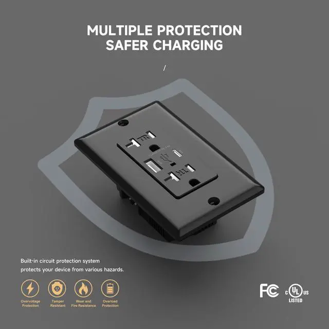Alt view image 5 of 7 - 30W USB C Wall Outlet, PD3.0 Power Delivery USB Outlets Receptacles, 20Amp Ultra Fast Speed Tamper Resistant USB Outlet, Wall Plate Included, FCC&UL Listed (Black, 1 Pack)
