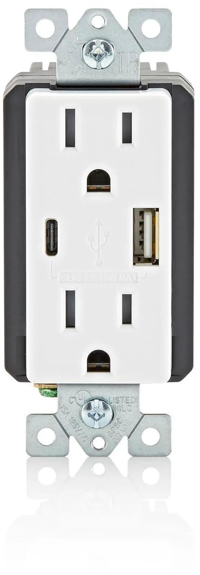 Main image of 18W USB Type-A/C in-Wall Charger with 15A Tamper-Resistant Outlet, USB Charger for Smartphones, Not for Laptops, T5638-W, White