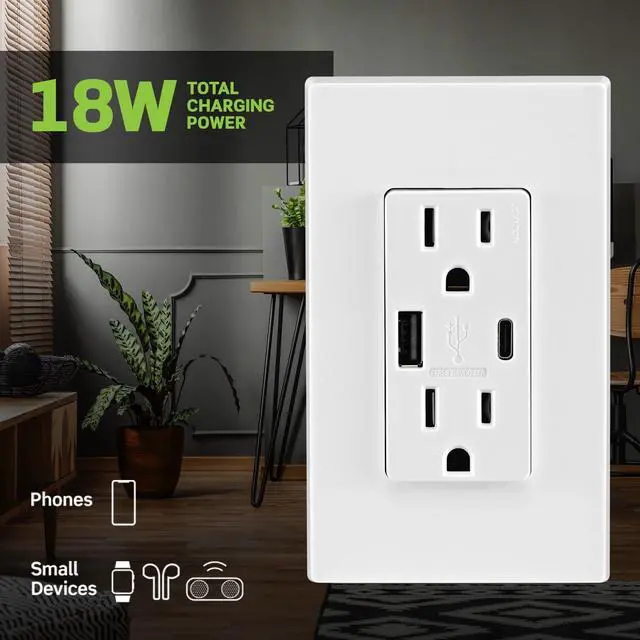 Alt view image 2 of 6 - 18W USB Type-A/C in-Wall Charger with 15A Tamper-Resistant Outlet, USB Charger for Smartphones, Not for Laptops, T5638-W, White
