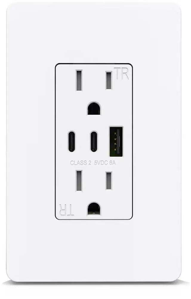 Main image of USB Outlet, 3-Port USB C Wall Outlet, 15 Amp Tamper-Resistant Outlet with USB C Ports, 30W 6.0A USB Electrical Outlet, ETL Listed, Screwless Wall Plate Included, 1 Pack