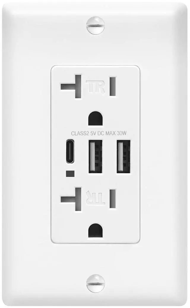 Main image of USB C Wall Outlet Receptacle, 30W Charging Power Outlet with 3 USB-C & A Ports, 20 Amp Receptacle Plug, Tamper Resistant Power Outlet, Standard Wall Plate Included, UL Listed, White