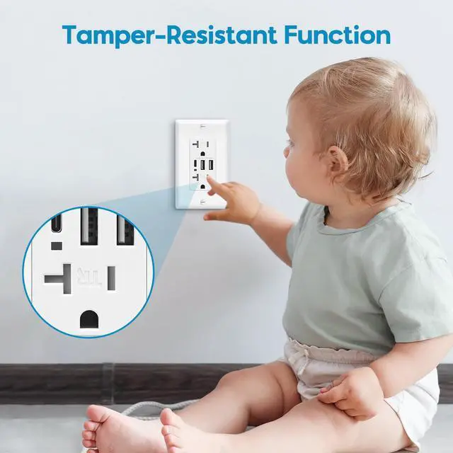 Alt view image 6 of 7 - USB C Wall Outlet Receptacle, 30W Charging Power Outlet with 3 USB-C & A Ports, 20 Amp Receptacle Plug, Tamper Resistant Power Outlet, Standard Wall Plate Included, UL Listed, White