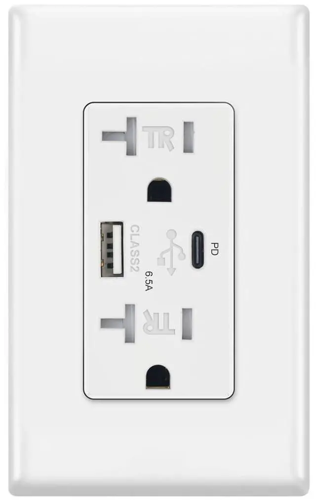 Main image of 65W USB Wall Outlet, GaN PD 6.5A 2-Port with 1 USB-C & 1 Type-A, 20A 125V Tamper Resistant Receptacle, UL Listed, Wall Plate Included, White (1 Pack)