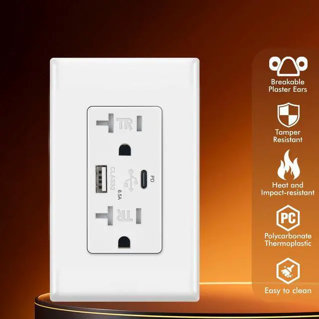Alt view image 2 of 7 - 65W USB Wall Outlet, GaN PD 6.5A 2-Port with 1 USB-C & 1 Type-A, 20A 125V Tamper Resistant Receptacle, UL Listed, Wall Plate Included, White (1 Pack)