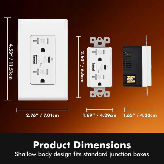 Alt view image 3 of 7 - 65W USB Wall Outlet, GaN PD 6.5A 2-Port with 1 USB-C & 1 Type-A, 20A 125V Tamper Resistant Receptacle, UL Listed, Wall Plate Included, White (1 Pack)