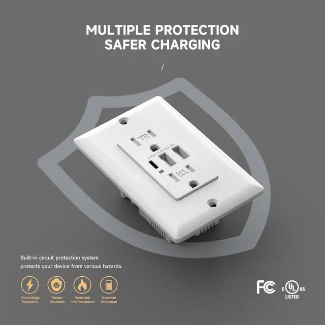 Alt view image 2 of 7 - USB Outlet with 3 Ports, 30W 6Amp USB C Wall Outlets, 15A Tamper Resistant Receptacle with 2 Type A & 1 Type C Port, UL & FCC Listed, Wall Plate Included, White