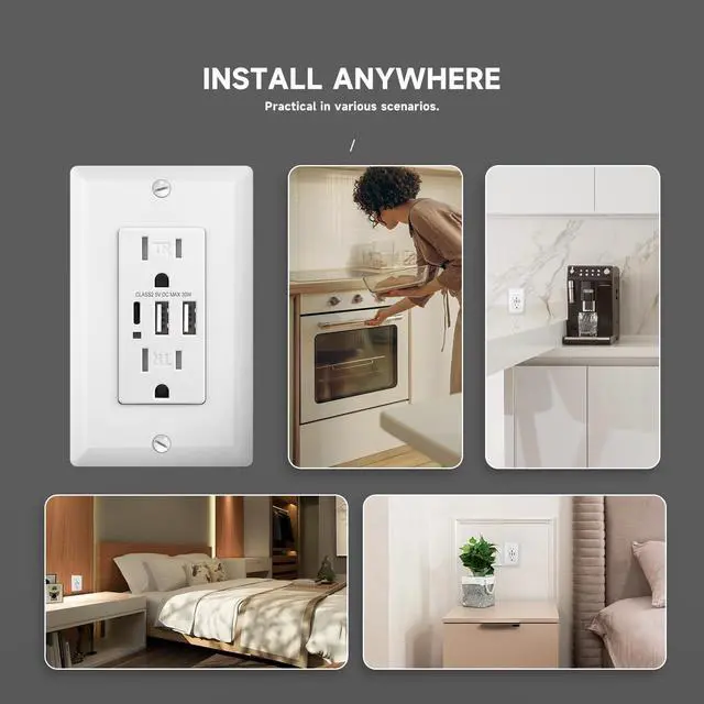 Alt view image 7 of 7 - USB Outlet with 3 Ports, 30W 6Amp USB C Wall Outlets, 15A Tamper Resistant Receptacle with 2 Type A & 1 Type C Port, UL & FCC Listed, Wall Plate Included, White