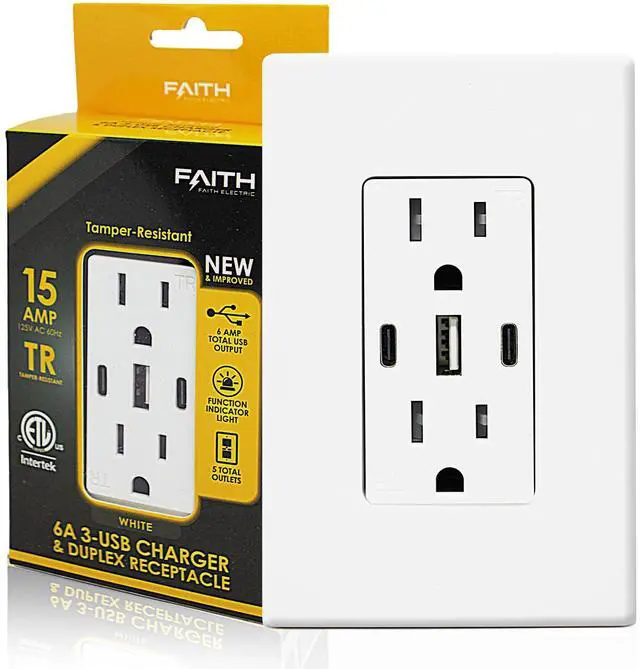 Main image of 6.0A USB Outlet, 3-Port 30W Wall Outlets with 2 Type C & 1 Type A, 15 Amp Receptacle Plug, Tamper Resistant Receptacle, Screwless Wall Plate UC2A1-15A6ASP, ETL Listed, White, 1 Pack